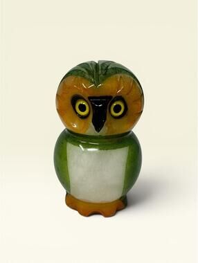 Alabaster Owl Figure Ducceschi Genuine Italian Hand Carved Painted Green Vintage